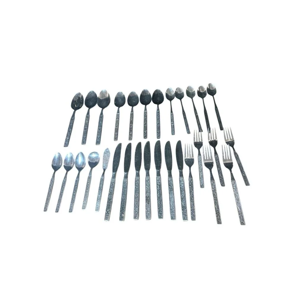 Orleans Stainless Steel Flatware Pattern ORL59 Scrolls Black Accent Vtg 34 Piece